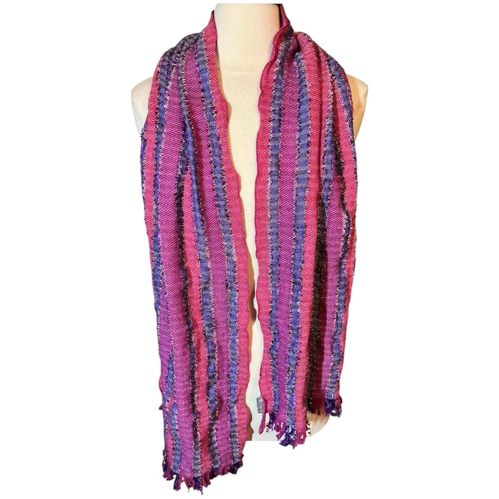 Per Una Pink,Purple Striped Cotton & Wool Blend Scarf  metallic fringe 13”Wx69”L